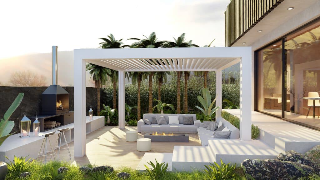 3D render pf luxury villa with wooden outdoor patio and white motorized bio climatic pergola. Barbecue area and sofa set surrounded by tropical garden.